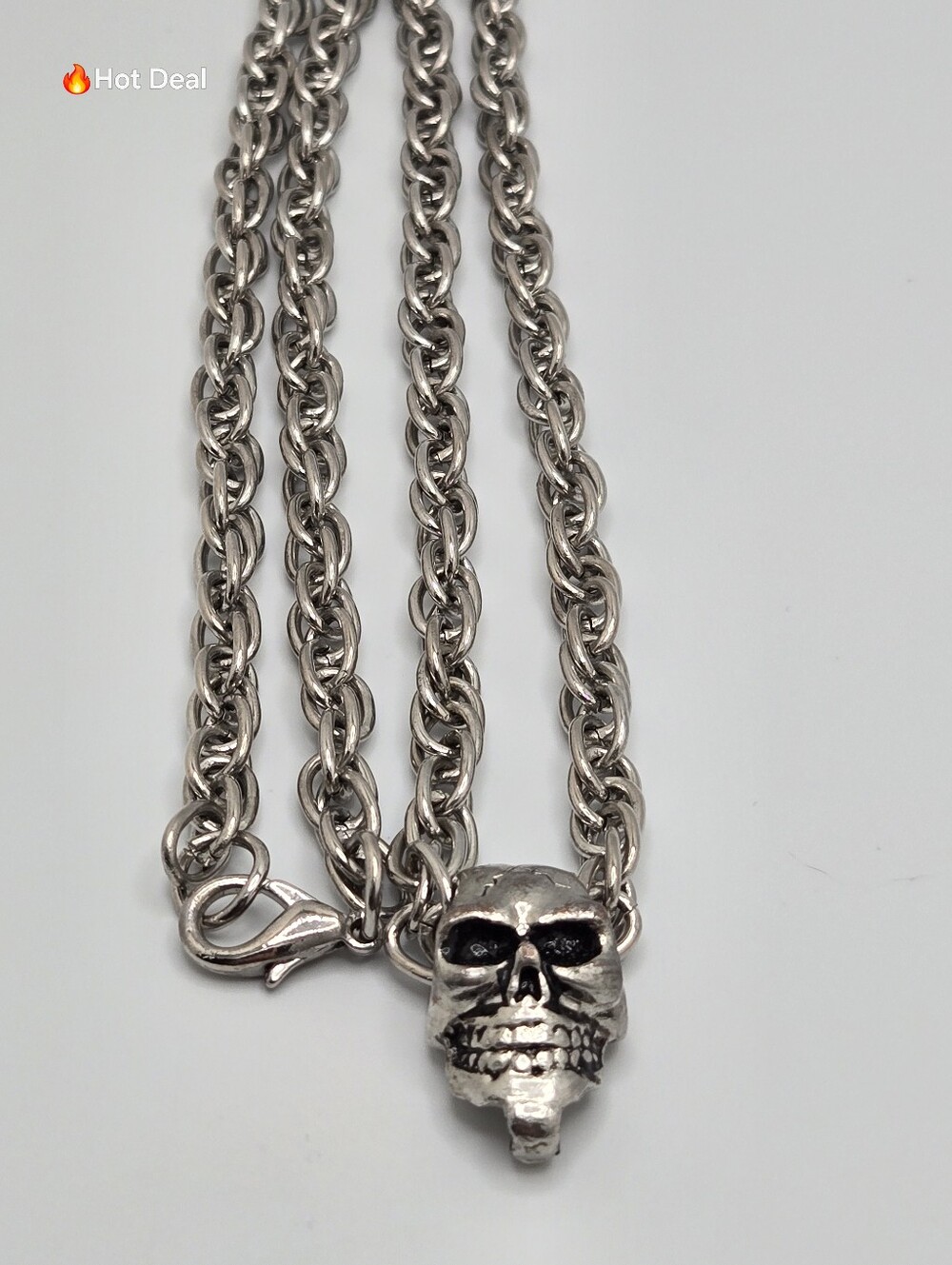 Gothic Skull Pendant Necklace Heavy Silver Tone Chain Punk Biker 29" - Picture 5 of 8